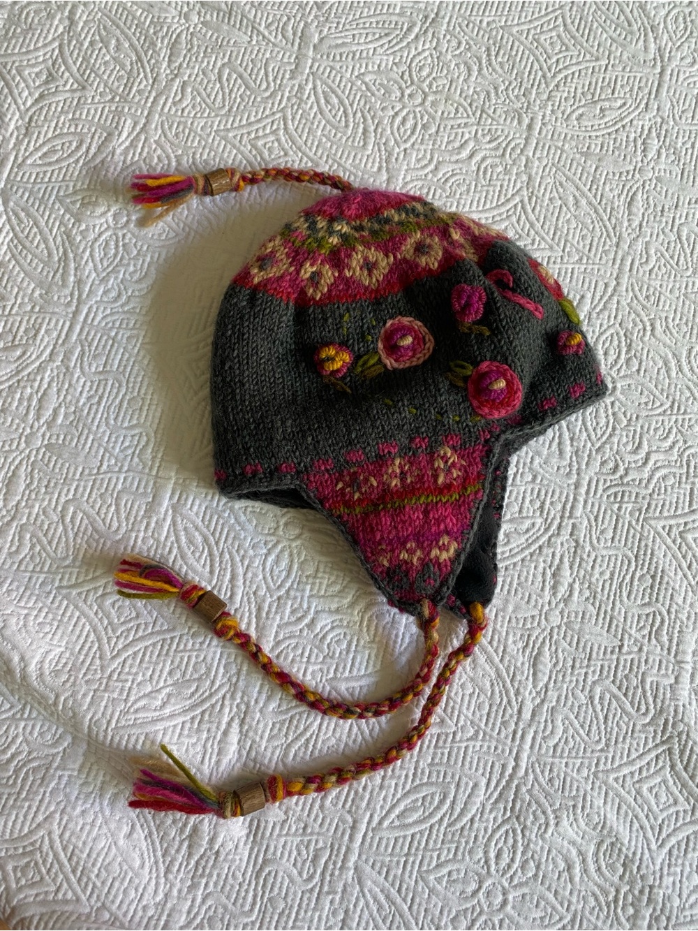 Dark Gray and Pink Knit Earflap Hat with Floral Embroidery